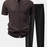 Twisted Jacquard Crew Neck Button Up Knit Shirt & Slim Fit Tapered Trousers