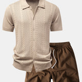 Twisted Jacquard Button Up Knit Shirt & Crinkle Textured Drawstring 5" Shorts