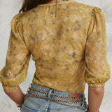 Bohemian Floral Print Chiffon Blouse With Lace Trim