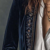 Vintage Navy Polyester Velvet Embroidered Long Jacket