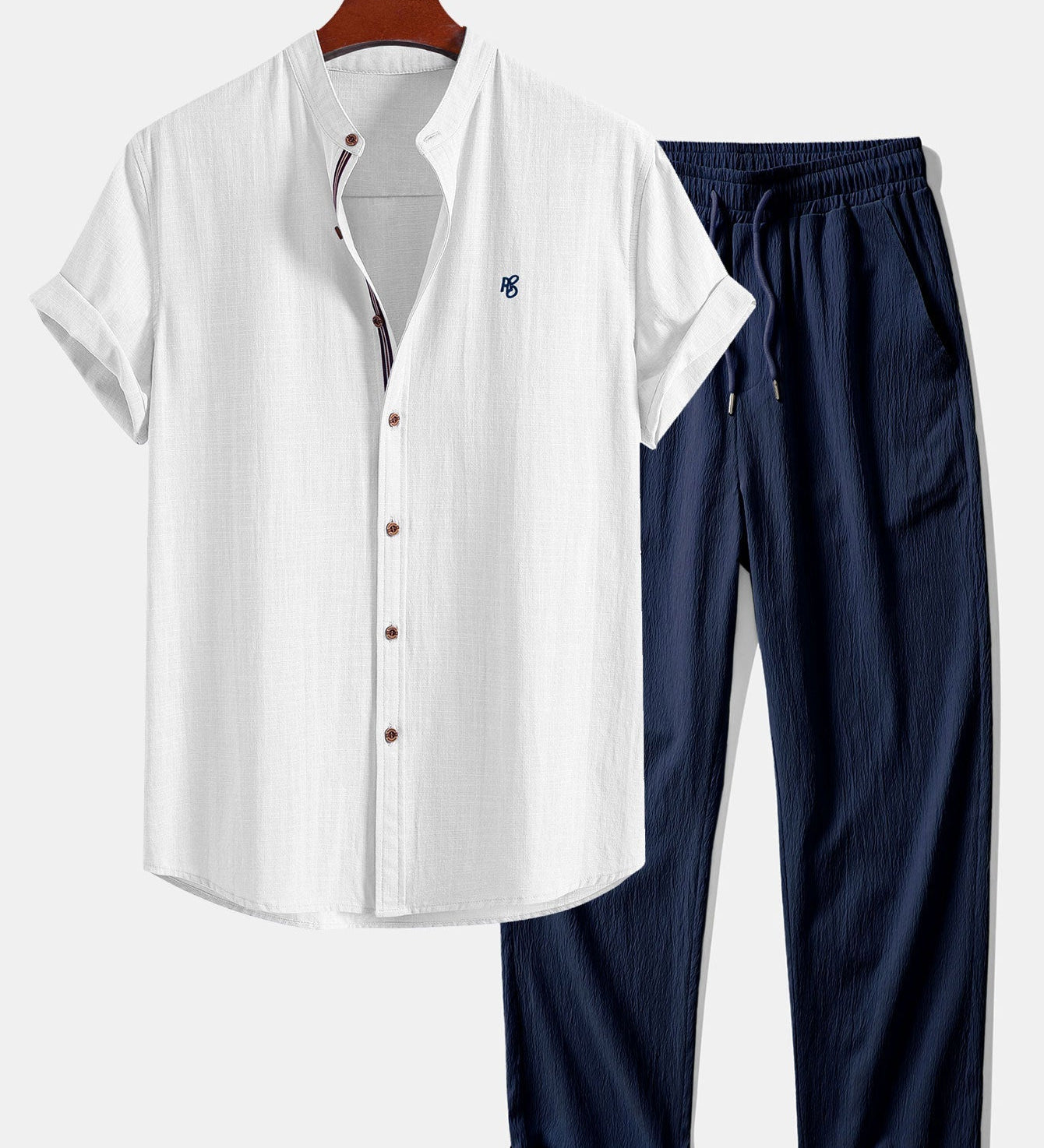 Short Sleeve Linen Look Stand Collar Shirt & Crinkle Textured Straight Leg Pants