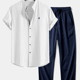 Short Sleeve Linen Look Stand Collar Shirt & Crinkle Textured Straight Leg Pants