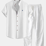 Short Sleeve Linen Look Stand Collar Shirt & Straight Leg Linen Pants