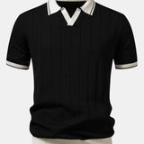 Contrast Trim Ribbed Johnny Collar Knit Polo & Slim Fit Tapered Trousers