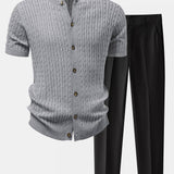 Twisted Jacquard Crew Neck Button Up Knit Shirt & Slim Fit Tapered Trousers