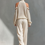 MARIA |  Knit Fabric Cold-Shoulder Turtleneck Top & Wide-Leg Pants Set