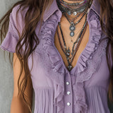 Vintage Boho Lavender Pleated Ruffled Lace Blouse