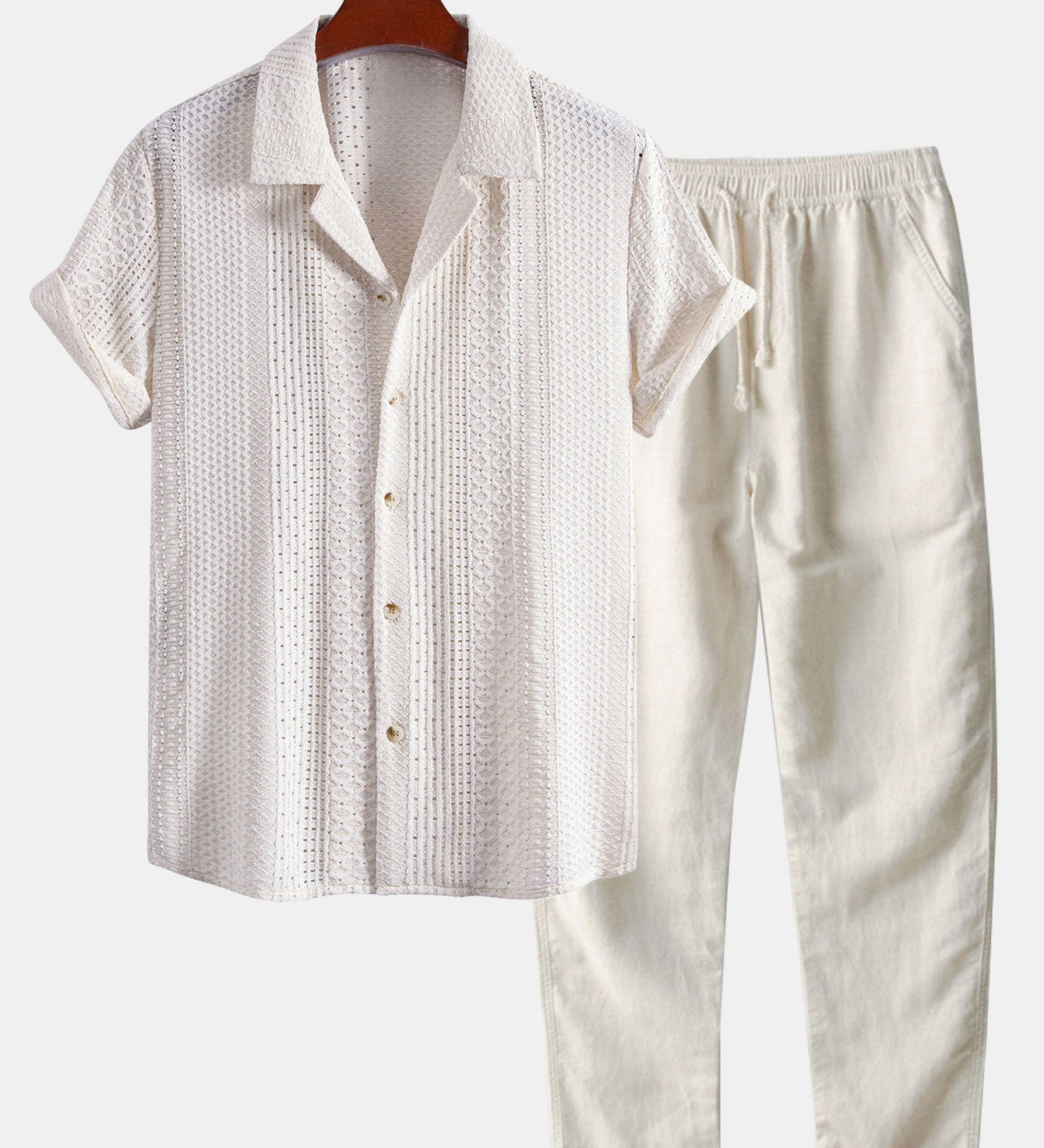 Geometric Jacquard Cuban Collar Shirt & Straight Leg Linen Pants