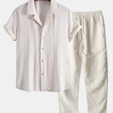 Geometric Jacquard Cuban Collar Shirt & Straight Leg Linen Pants