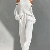MARIA |  Knit Fabric Cold-Shoulder Turtleneck Top & Wide-Leg Pants Set