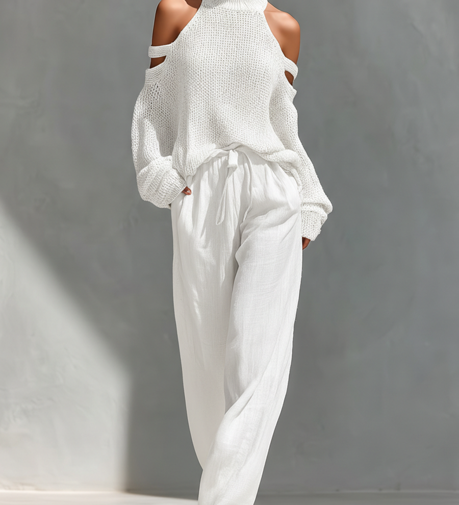 MARIA |  Knit Fabric Cold-Shoulder Turtleneck Top & Wide-Leg Pants Set