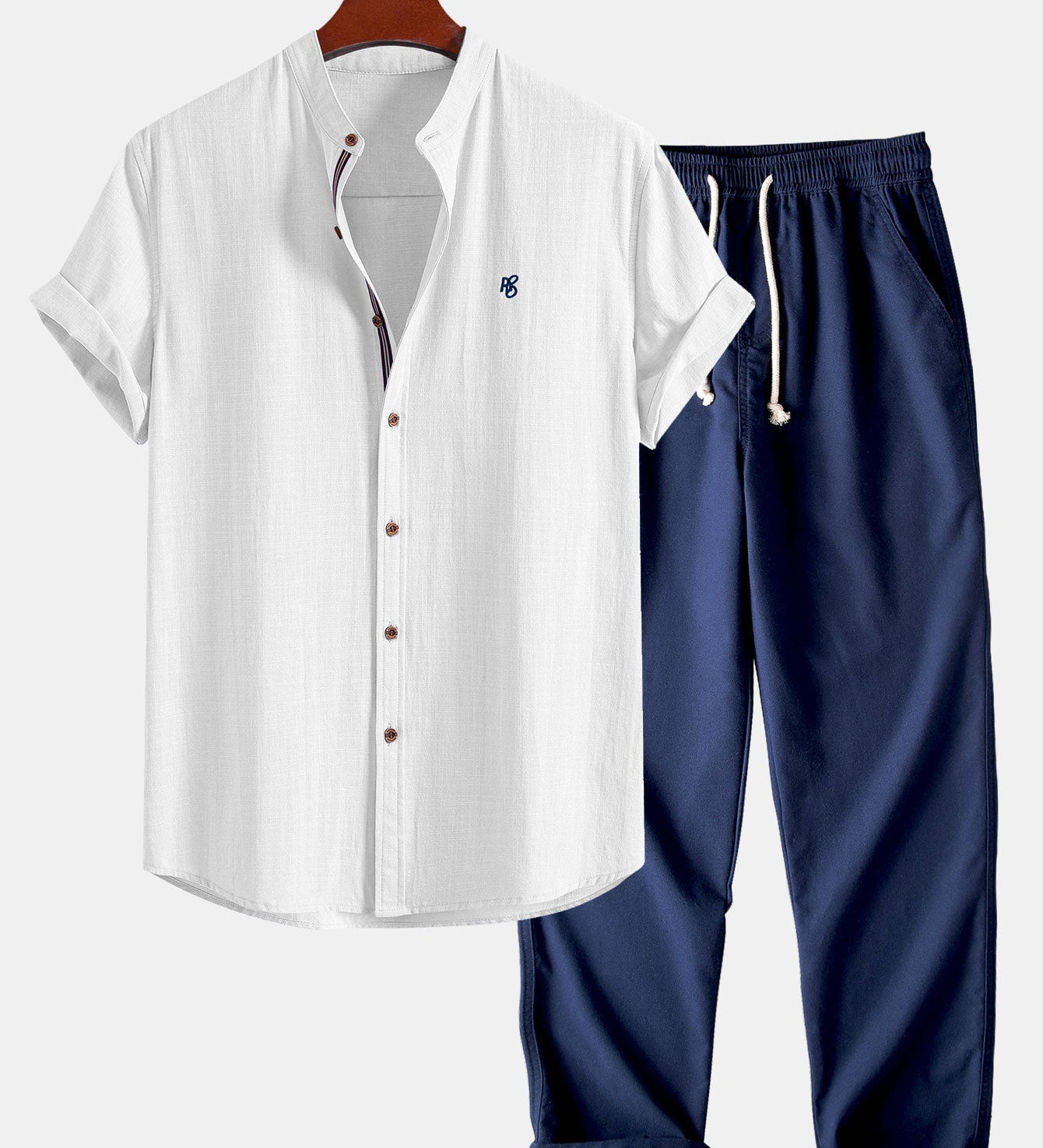 Short Sleeve Linen Look Stand Collar Shirt & Straight Leg Linen Pants