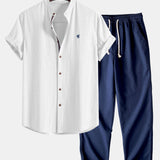 Short Sleeve Linen Look Stand Collar Shirt & Straight Leg Linen Pants