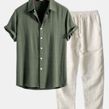 Linnen Rayon Mix Knopen Shirt & Rechte Pijpen Linnen Broek