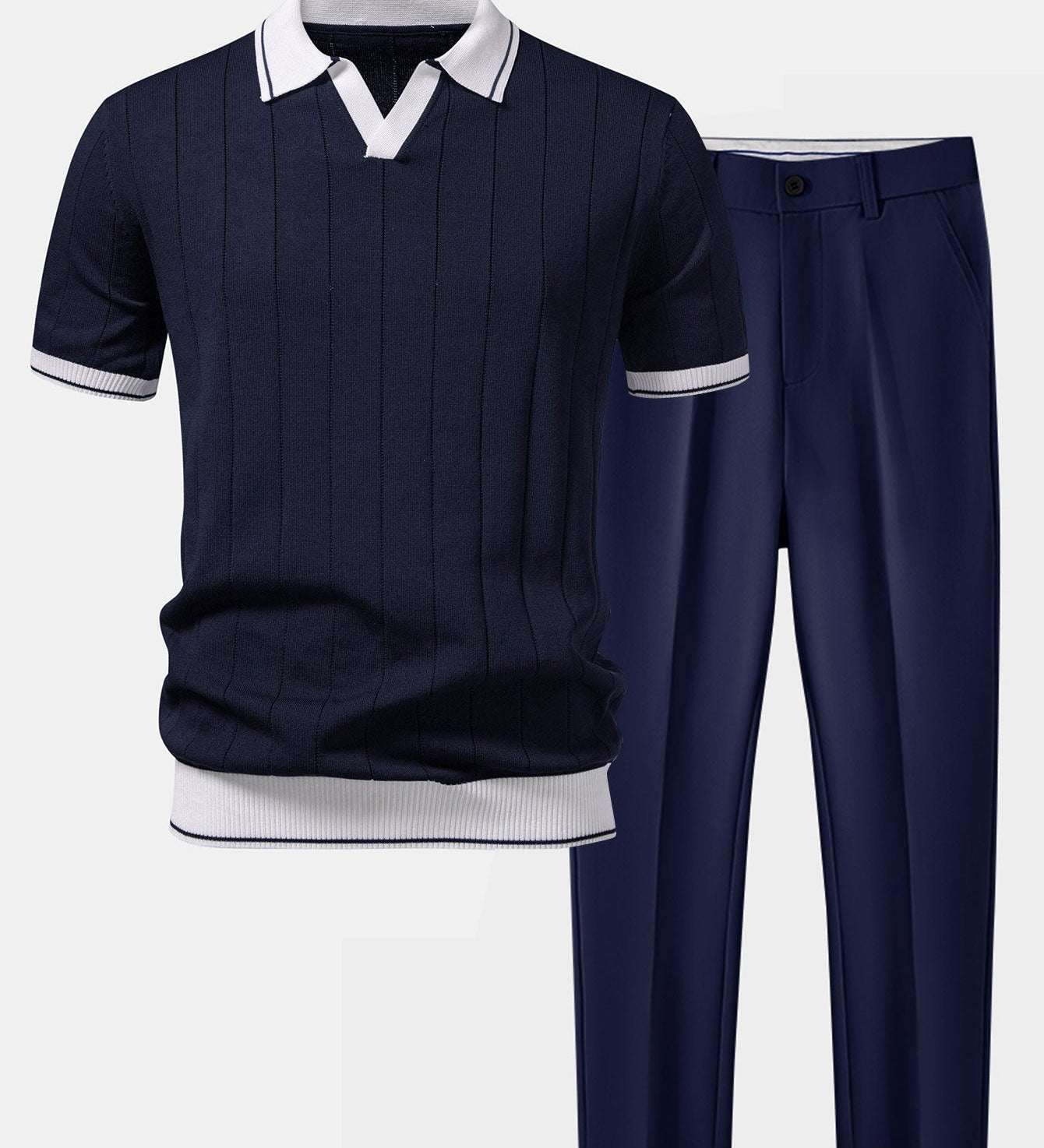 Contrast Trim Ribbed Johnny Collar Knit Polo & Slim Fit Tapered Trousers