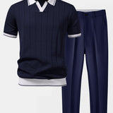 Contrast Trim Ribbed Johnny Collar Knit Polo & Slim Fit Tapered Trousers