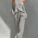 MARIA |  Knit Fabric Cold-Shoulder Turtleneck Top & Wide-Leg Pants Set