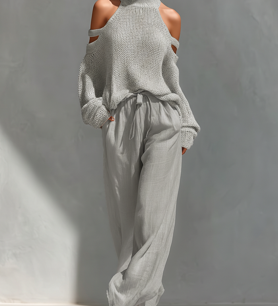 MARIA |  Knit Fabric Cold-Shoulder Turtleneck Top & Wide-Leg Pants Set