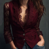 Elegant Black Lace Panel Sleeve Blazer Top