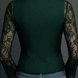 Elegant Black Lace Panel Sleeve Blazer Top