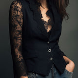 Elegant Black Lace Panel Sleeve Blazer Top