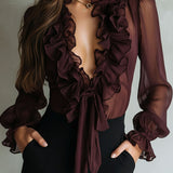 Retro Plum Sheer Ruffled Tie-Front Chiffon Blouse