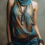 Boho Blue And Amber Chiffon Halter Blouse With Scarf Neck
