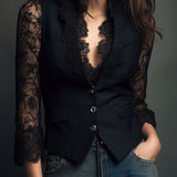 Elegant Black Lace Panel Sleeve Blazer Top