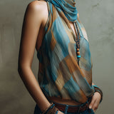 Boho Blue And Amber Chiffon Halter Blouse With Scarf Neck