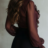 Retro Plum Sheer Ruffled Tie-Front Chiffon Blouse