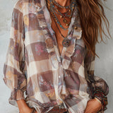 Bohemian Plaid Floral Chiffon Print Blouse With Ruffles