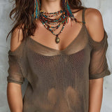 Relaxed Statement Sheer Mesh Off-Shoulder Top