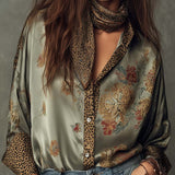 Satin Floral Button-Down Shirt With Leopard Trim