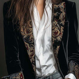 Timeless Vintage Luxury Black Velvet Blazer With Baroque Printed Lapel