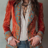 Retro Contrast Color Polyester Velvet Printed Blazer