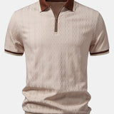 Contrast Trim Textured Zipper Knit Polo & Elastic Waist Straight Leg Trousers