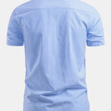 Short Sleeve Cotton Stripe Stand Collar Shirt & Straight Leg Linen Pants