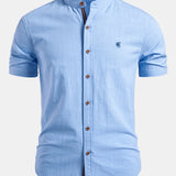Short Sleeve Linen Look Stand Collar Shirt & Crinkle Textured Straight Leg Pants