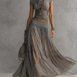 LACE-PANELED TOP AND PLEATED MAXI SKIRT SET
