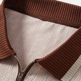 Contrast Trim Textured Zipper Knit Polo & Elastic Waist Straight Leg Trousers