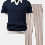 Contrast Trim Stripe Johnny Collar Polo & Slim Fit Tapered Trousers