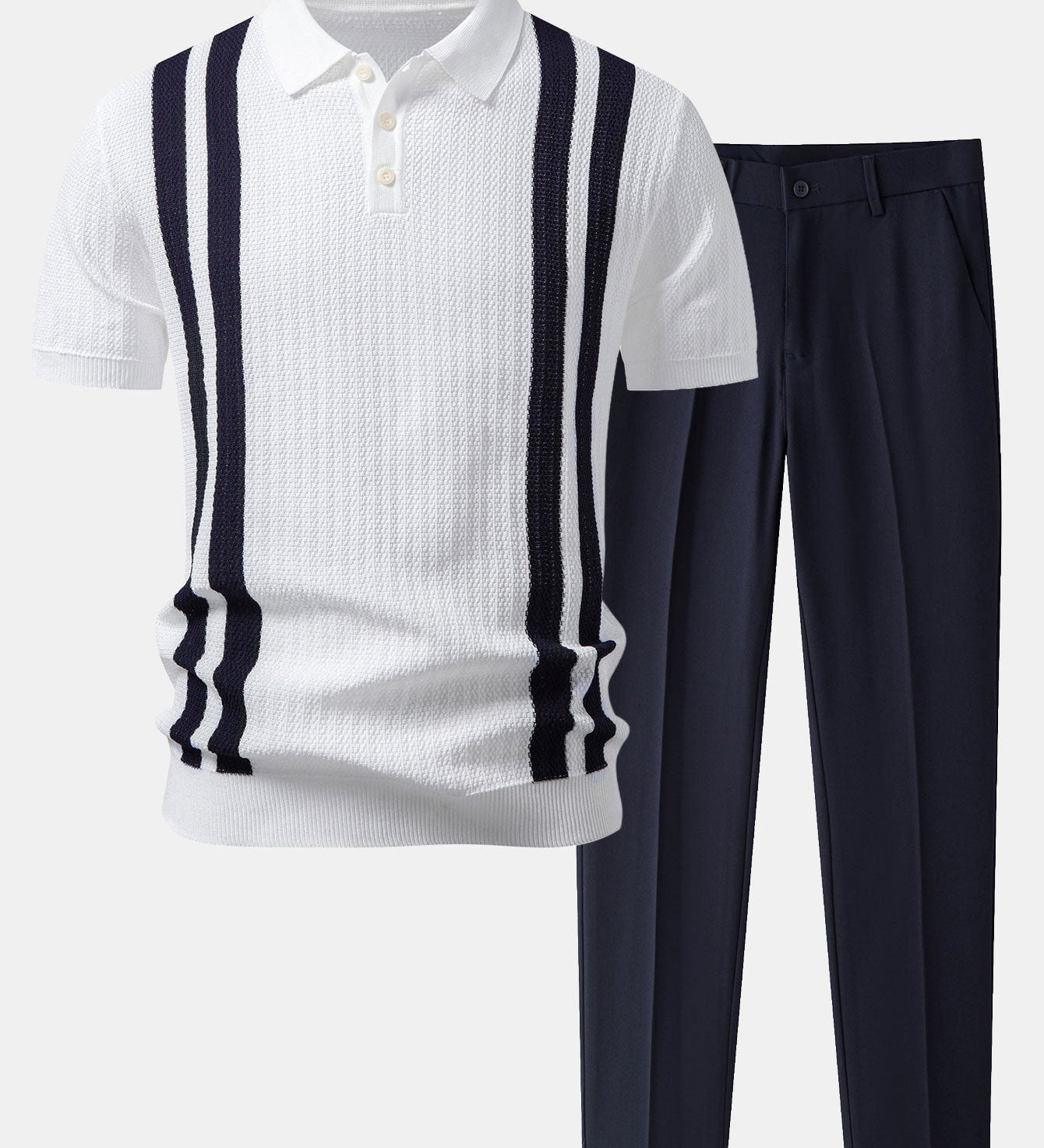 Contrast Textured Knit Polo & Slim Fit Tapered Trousers