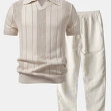 Johnny Collar Striped Open Knit Polo & Straight Leg Linen Pants