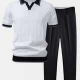 Contrast Trim Ribbed Johnny Collar Knit Polo & Slim Fit Tapered Trousers
