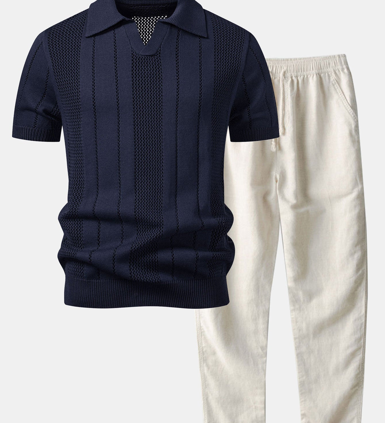 Johnny Collar Striped Open Knit Polo & Straight Leg Linen Pants