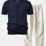 Johnny Collar Striped Open Knit Polo & Straight Leg Linen Pants