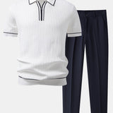 Contrast Trim Waffle Zipper Knit Polo & Slim Fit Tapered Trousers