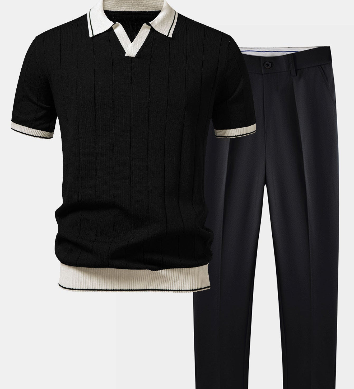 Contrast Trim Ribbed Johnny Collar Knit Polo & Slim Fit Tapered Trousers