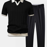 Contrast Trim Ribbed Johnny Collar Knit Polo & Slim Fit Tapered Trousers