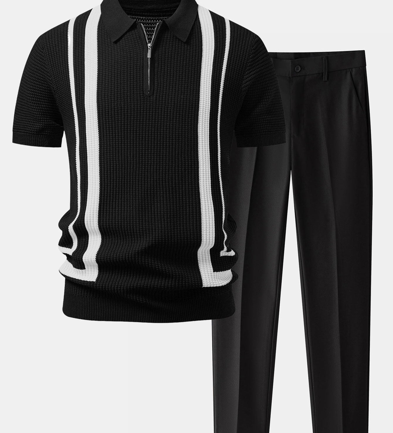 Contrast Waffle Zipper Knit Polo & Slim Fit Tapered Trousers
